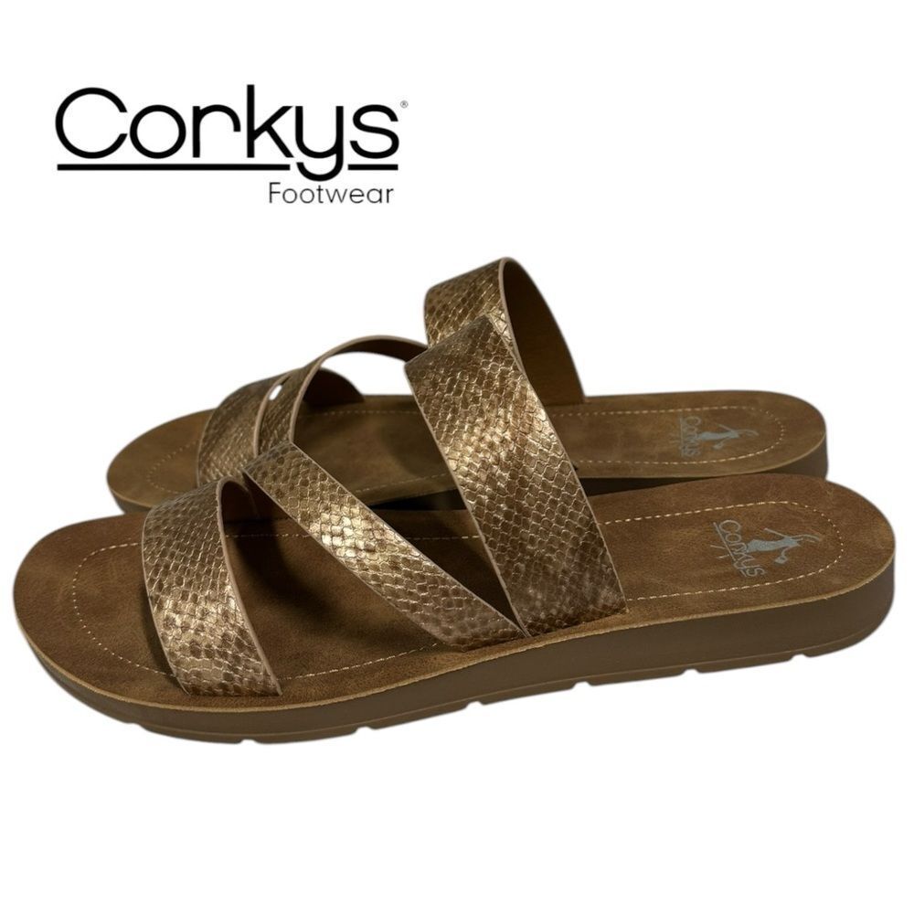 New Corkys Lydia Bronze Snake Asymmetrical Triple Strap Slip-on Sandals 11